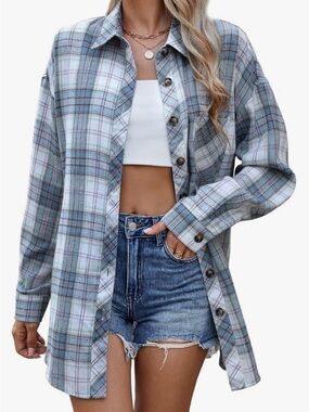 Plaid Button-Front Shirt Jacket - Light Blue